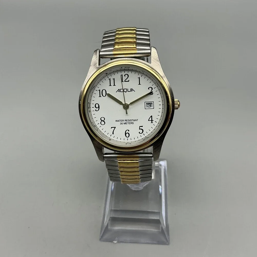 Acqua Mens Watch 38mm White Dial Two Tone Expansion Band Date 30M New Battery